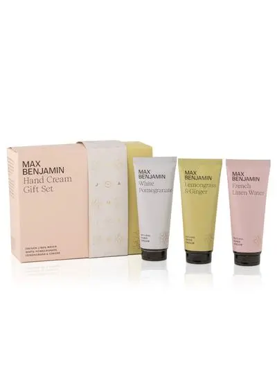 White background image of Max Benjamin hand cream gift set showing the products and box